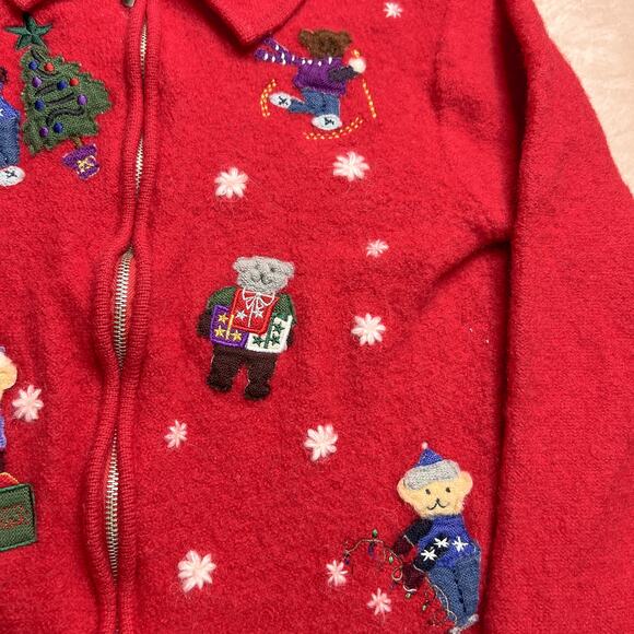 Vintage 90s Studio Works Holiday Teddy Bear Zip Up Wool Jacket Embroidered Xmas - Picture 4 of 7